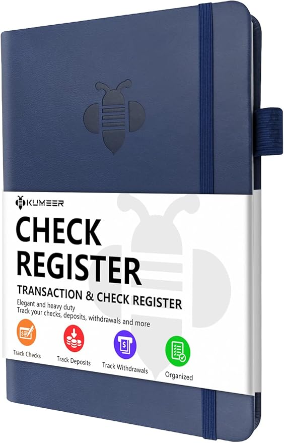 KUMEER Check Register – Elegant Check Registers for Personal Checkbook with Check & Transaction Registers, Hardcover Checkbook Log 5.2x7.6" (Navy Blue)
