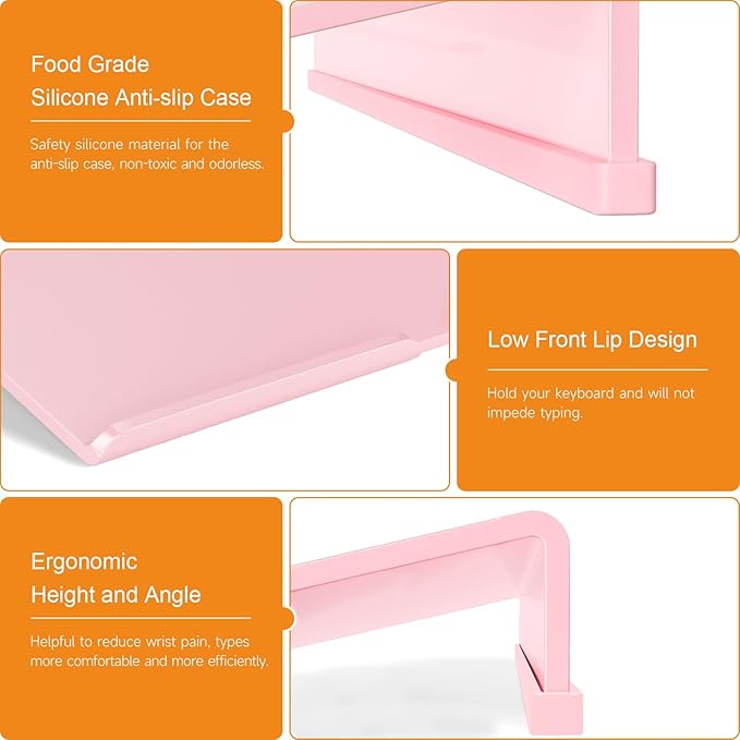 BEEGO Ergonomic Computer Keyboard Stand - Pink Acrylic Keyboard Riser Tilted Keyboard Holder Keyboard Tray with Pink Non-Slip Strip for Easy Typing at Home School Office Desk Accessories