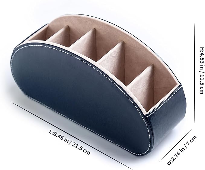 Remote Control Holders Organizer Box with 5 Compartment PU Leather Multi-functional Office Desk Storage Caddy Store Tv Remote for Media Player,Brush,Pencil,Glassees&Office Supplies (Dark Blue)