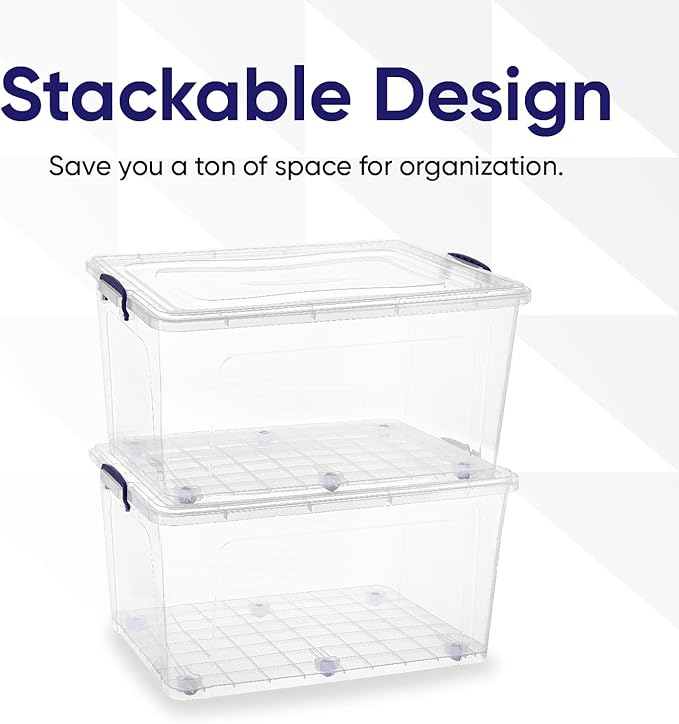 Superio Clear Storage Boxes with Wheels (2 Pack), 85 Qt Heavy Duty Containers with Lids, Stackable Rolling Bins for Home, Garage, Closet Organization- Linen, Tools, Clothing, Supplies
