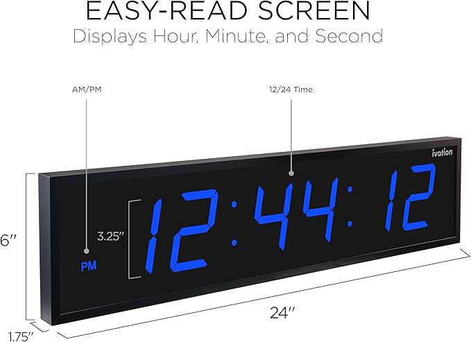 Ivation Oversized 24" Large Digital LED Clock | Big Digital Clock w/Multi-Function Display – Stopwatch, Timer, Alarms, Temp & Date | 6 Brightness Levels, Time Memory & Remote (Blue)
