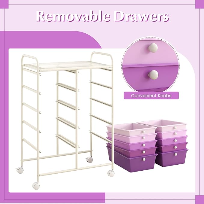 GOFLAME 10-Drawer Rolling Storage Cart, Art Craft Storage Organizer on Wheels, Multipurpose Movable Utility Cart for School, Office and Home, Purple Gradient