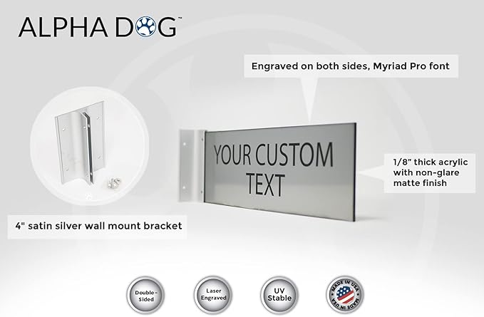 ALPHA DOG SIGNS Custom Projecting Hallway Nameplate, 4"x12" Double-Sided Business Sign, Personalized 2-Line Text, Indoor Outdoor, Easy Install, Durable, Made in USA (Brushed Stainless)
