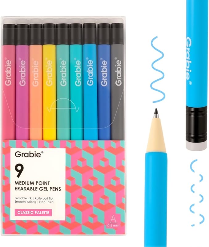 Grabie Erasable Gel Pens, 9 Colors Erasable Pens, Make Mistakes Disappear Colored Pens, Assorted Color Inks for Drawing Writing Planner,Gel Pens for Coloring