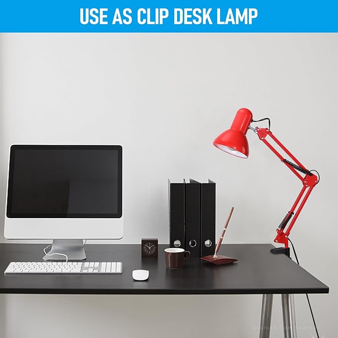 TORCHSTAR Metal Desk Lamp with Clamp, Swing Arm, Architect Adjustable Gooseneck Table Lamp, Clip Desk Lights for Home Office, Work, Study, Reading, E26 Base, Multi-Joint, Red