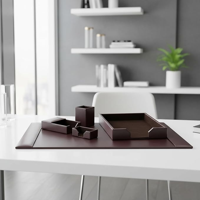 DACASSO Bonded Leather Desk Set - Luxury Leather Desk Pad & Desk Organization Essentials - Office Organization & Executive Desk Decor - (Dark Brown, 5 Piece)