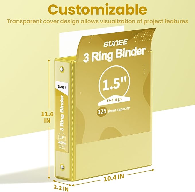 SUNEE 3 Ring Binder 1.5 Inch 1 Pack, Clear View Binder Three Ring PVC-Free (Fit 8.5x11 Inches) for School or Office Supplies, Yellow