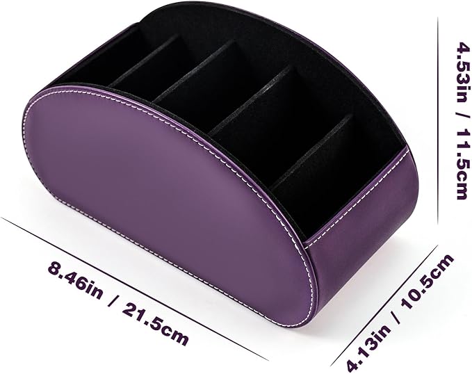 Remote Control Holders Organizer Box with 5 Compartment PU Leather Multi-functional Office Desk Storage Caddy Store Tv Remote for Media Player,Brush,Pencil,Glassees&Office Supplies (Dark Purple)