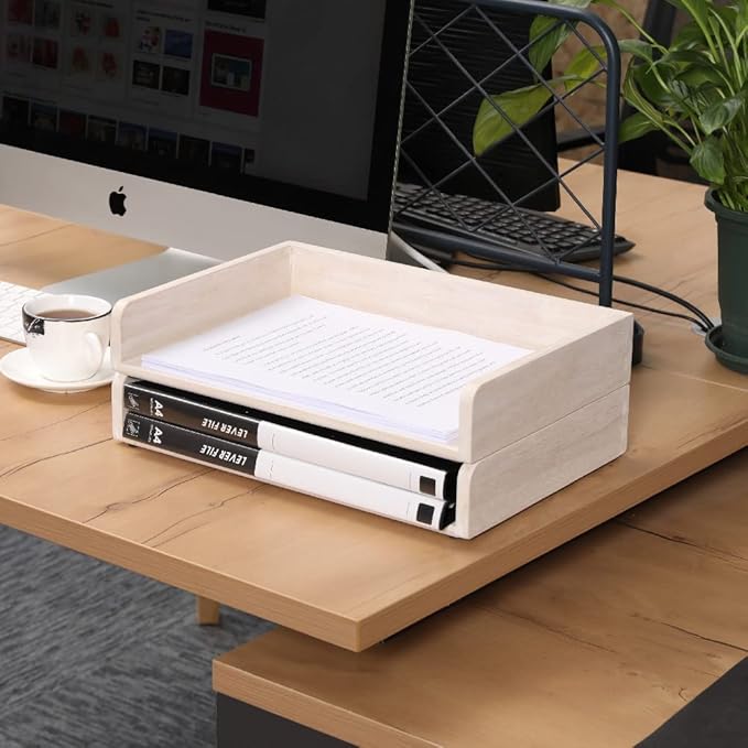 DDYURI Stackable Letter Tray 2 Pack - Wood Desk File Trays Letter/A4 Paper Organizer Shelf - Wooden Document Shelf Desktop Folder Rack Organization for Office Storage White(2CTP-WH)