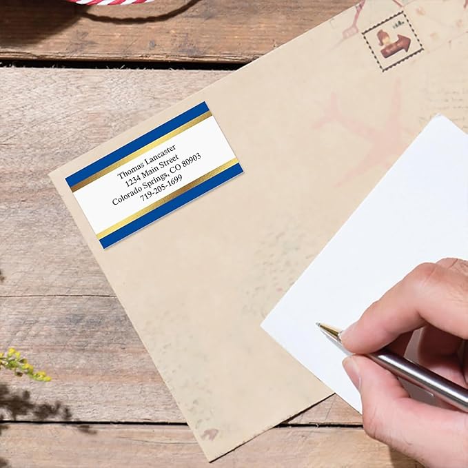 Blue and Gold Foil Border Return Address Labels - Set of 144 1-1/8" x 2-1/4" Self-Adhesive, Flat-Sheet Labels