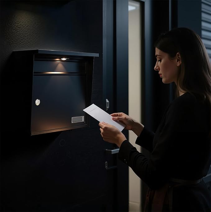Solar Wall Mount Mailbox for Outside - Auto LED Light at Dusk, Large Locking Mail Box (13 x 3.7 x 12.2 Inches) with Key, Secure Metal Mailboxes for House Outside, Waterproof & Rust-Proof