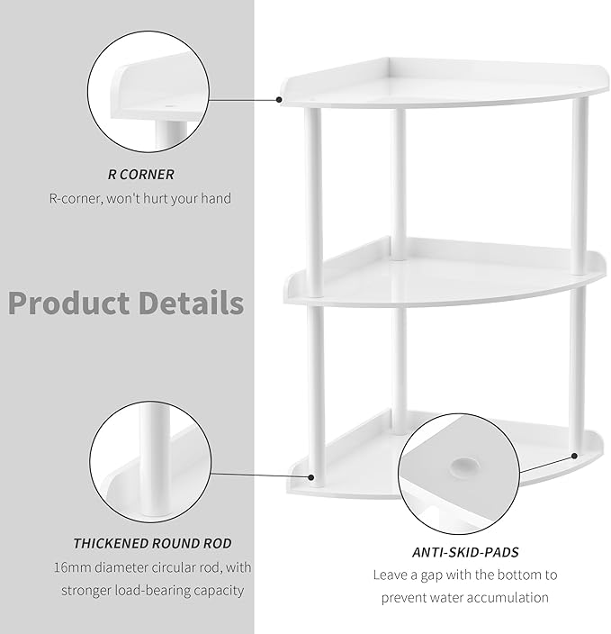 Sezanrpt 3 Tier Acrylic Corner Shelf Organizer Storage 9.5x9.5x15.7 Inch, White Countertop Corner Shelf for Bathroom, Kitchen, Bedroom, Office, Study Room