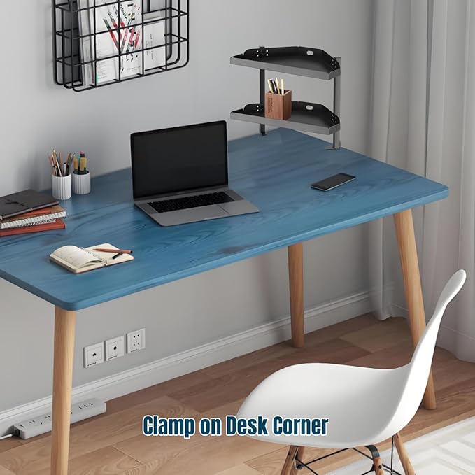 Yuxh Clamp On Desk Corner Shelf 2 Tier Cilp Under Table Corner Organizer, Black-M, 16 inch