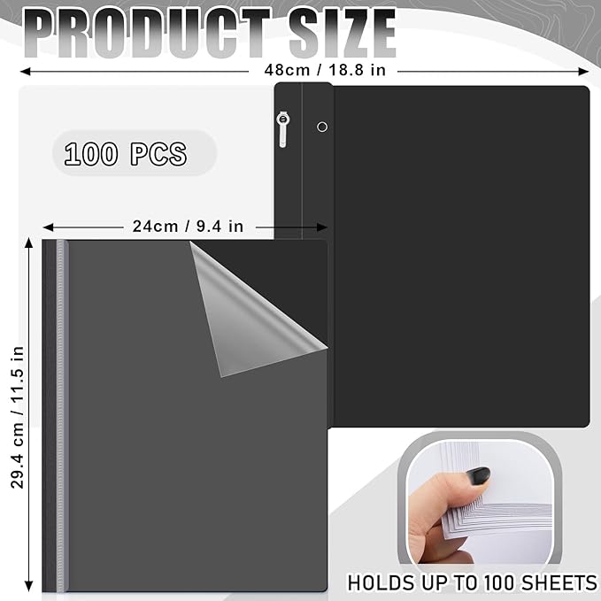 Teling 100 Pcs Plastic Report Covers with 3 Prong Fasteners 11.42 x 9.45 Inch Clear Front Report Covers Bulk Presentation Folders for School Document(Black)