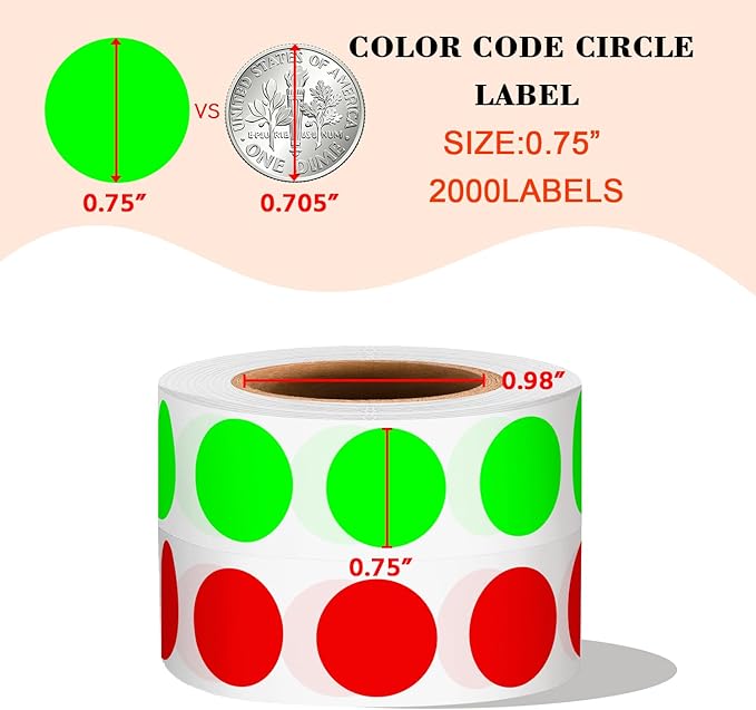 PARLAIM 2 Rolls 2000PCS 3/4" Round Circle Color-Code Dot Stickers,2 Color Style Colorful Coding Label Sticker for Home Office Classroom(Fluorescent Green+Red)
