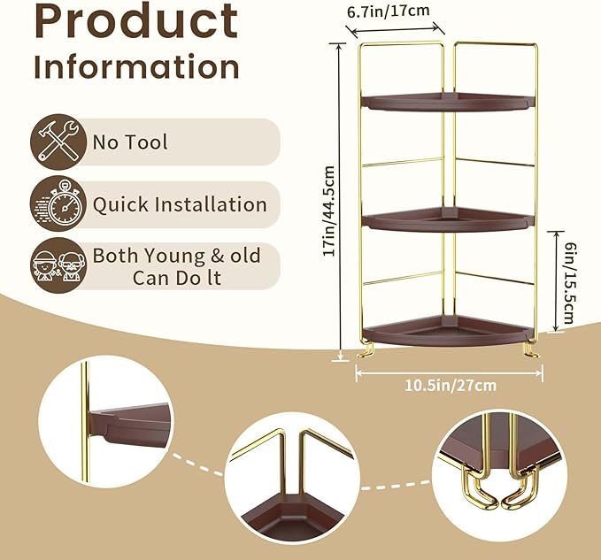 JANUS LiANG 3-Tier Corner Bathroom Organizer Countertop for Storage，Counter Tray and Vanity Organizer，Plastic Counter Organizer for Kitchen, Bathroom, Dresser 10.6 inches (Gold Brown)
