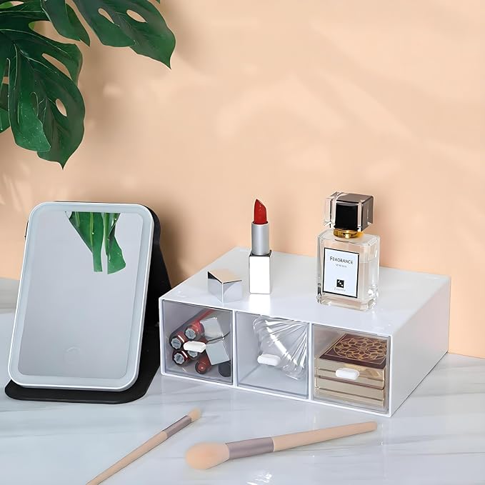 OSteed Desktop Drawers, Desk Organizer with 3 Drawers, Stackable Plastic Storage Box for Home Collection, Cosmetics, Jewelry, Office Supplies (1 Tall Layer, White)