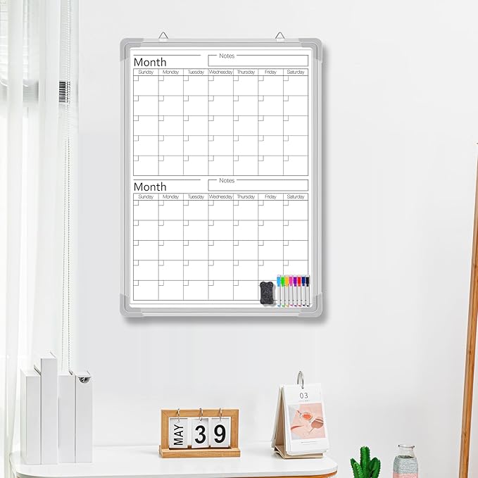 Lincia 24" x 18" Magnetic Vertical 2 Month Dry Erase Calendar for Wall Undated Horizontal Dry Erase Wall Calendar Planner Aluminum Frame Whiteboard for Home Office Projects Wall Fridge