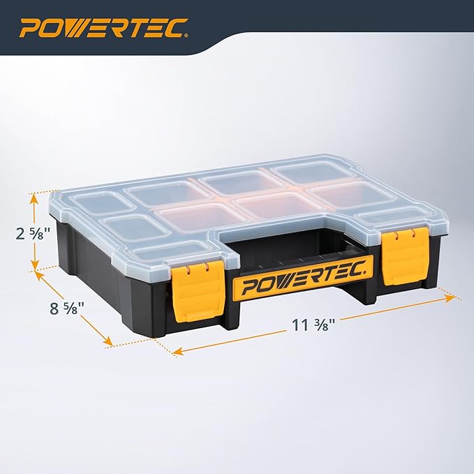 POWERTEC Small Parts Organizer & Tool Box – 10 Compartments, Stackable Storage with Removable Dividers, Clear Lid, Portable Design (72117)