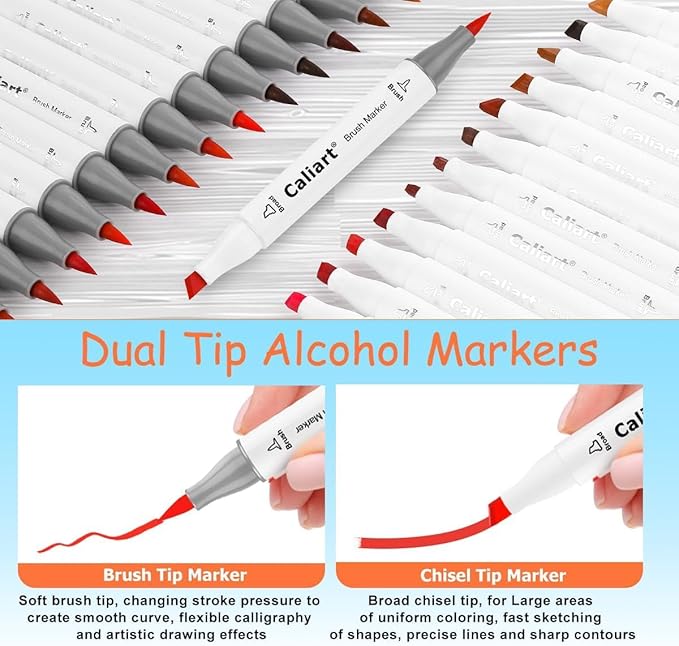 Caliart Alcohol Markers Brush Tip - 121 Colors Dual Tip Art Markers Set for Adult Coloring Books Artist Drawing Illustration Sketching, with Case Permanent Alcohol Based Colored Chisel & Brush Pens