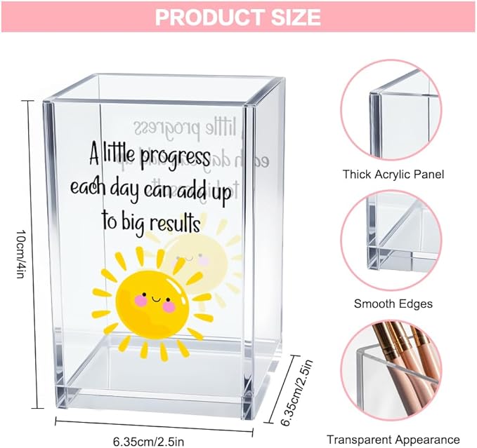 Vgrti A Little Progress Each Day Can Add Up To Big Results Acrylic Cosmetic Pencil Pen Holder Cup, Inspirational Sun Desk Organizer for Classroom Office, Motivational Gifts for Women Girl Therapist