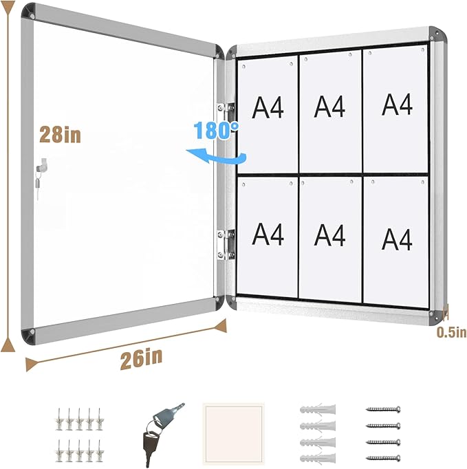 Mifuro 28"x26" Enclosed Bulletin Board, Lockable Weather-Resistant Aluminum Cork Noticeboard for School & Office, Silver Frame w/Black Flet