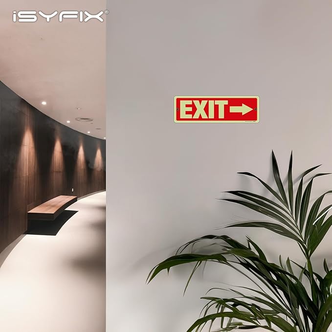 iSYFIX Exit Signs with Directional Right Arrow, Glow in the Dark, Photoluminescent Aluminum 12x4 Inch - 6 Pack, Laminated for UV & Weather Resistance, Ideal for Offices, Schools, Theaters & More
