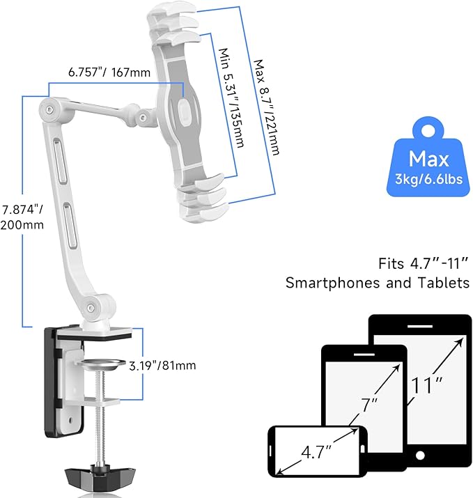 suptek Aluminum Tablet Desk Mount Stand 360° Flexible Cell Phone Holder for iPad, iPhone, Samsung, Asus and More 4.7-11 inch Devices, Good for Bed, Kitchen, Office (YF208BW)