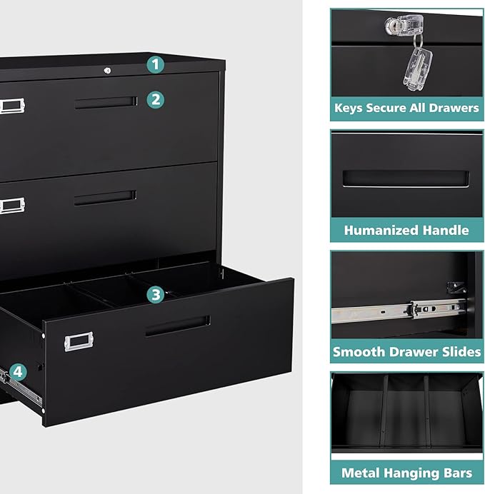 MIIIKO Lateral File Cabinet with Lock, 3 Drawer Lateral Filing Cabinet, Large Deep Drawers Locked by Keys, Metal Storage File Cabinet for Hanging Files Letter/Legal/F4/A4 Size