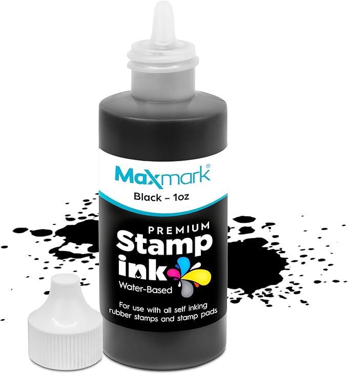 MaxMark Premium Refill Ink with Control Tip Bottle for Self-Inking Stamps, Black Color - 1 oz.