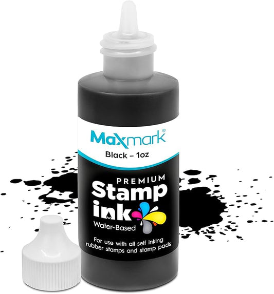 MaxMark Premium Refill Ink with Control Tip Bottle for Self-Inking Stamps, Black Color - 1 oz.