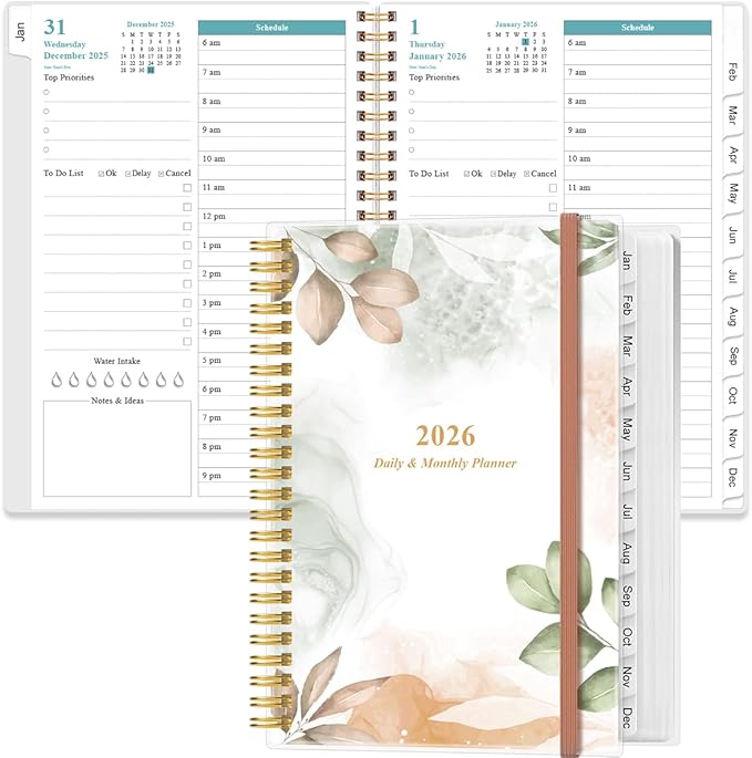 2026 Daily & Monthly Planner - One Page Per Day, Daily Planner 2026 from January 2026 to December 2026, Planner 26 with 12 Monthly Tabs, 6.4" x 8.5", Rose Leaf
