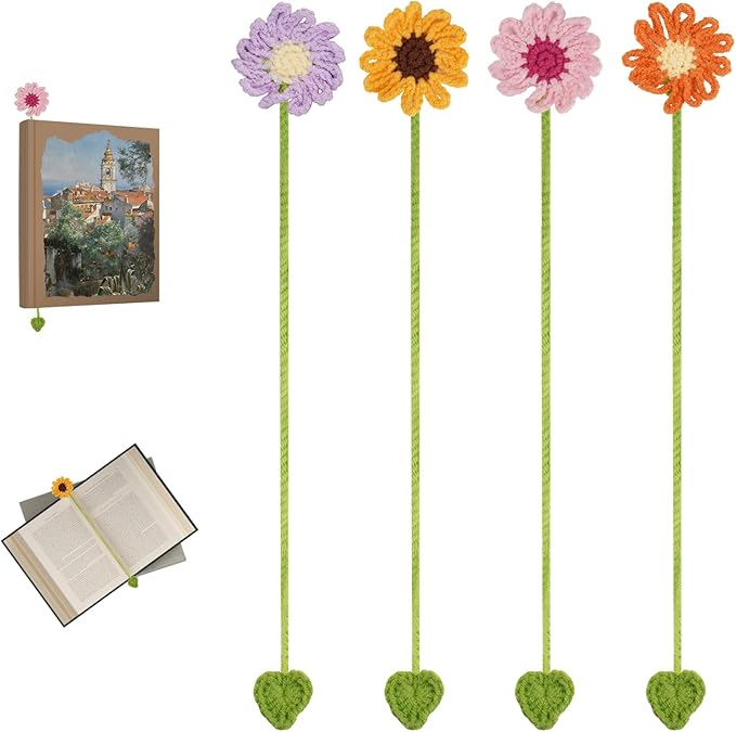 Crochet Bookmarks for Women & Book Lovers, Cute Flower Page Markers for Teachers Students, Handmade Reading Gifts for Valentine's Day, Easter, Teachers' Day, Graduation, Mother's Day, Birthdays (4)