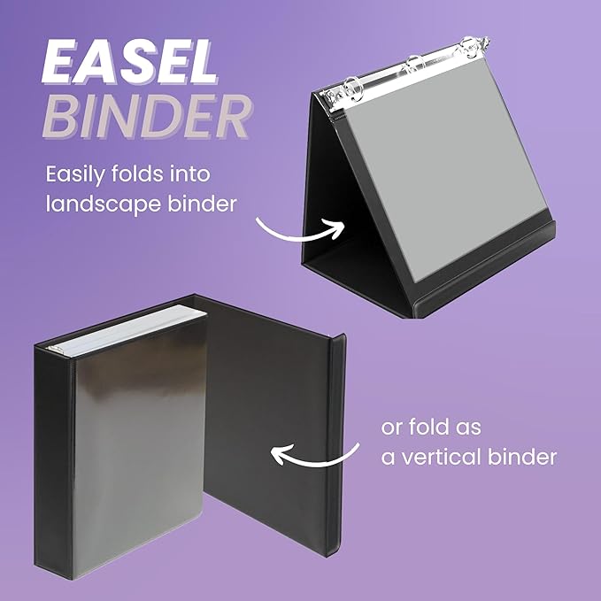 Performore Black Easel Binder - 1.5" Round Ring Flip Display Easel Folder - Presentation- Standing Clipboard for Desk - Flip Chart Easel - Foldable