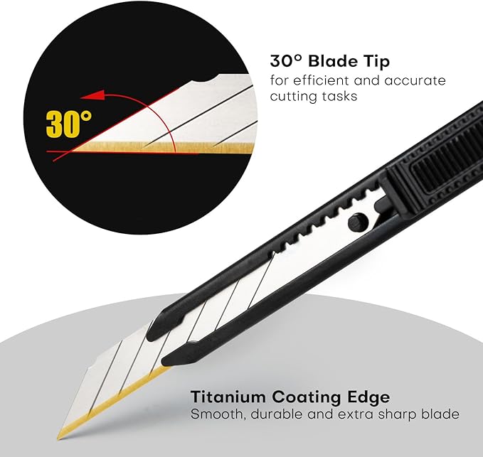 NEWISHTOOL 3 Pack Utility Knife Box Cutter Retractable, Titanium Coating Edge 9mm Wide Snap-Off Blades, Razor Knife Craft Knives with Extra Ti-Blades for Office, Cutting Paper, Film,Wrapping, Carboard
