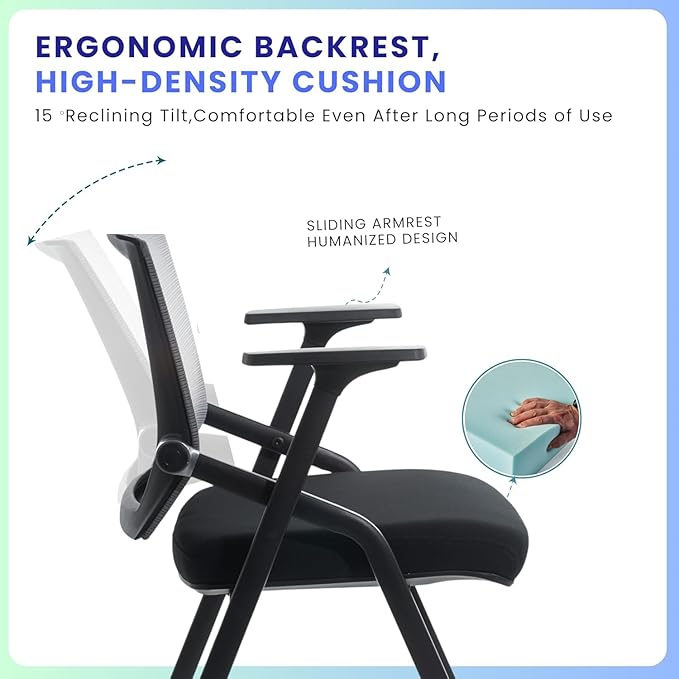 BLANEDUO, 10 Pack Foldable Office Chair with PU Wheels and Sliding Armrest-Ergonomic Mesh Bouncing Back, Stackable Conference Room Chair, Office Guest & Reception & Meeting Chair (Black)