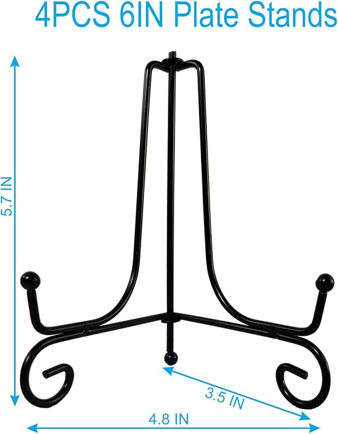 HENABLE 4PCS Premium Black Iron Plate Stands for Display 6 Inch, Decorative Solid Metal Plate Holders for Displaying, Mini Easel, Frame, Book, Card, Plaque, Bowl, Picture Stands for Display