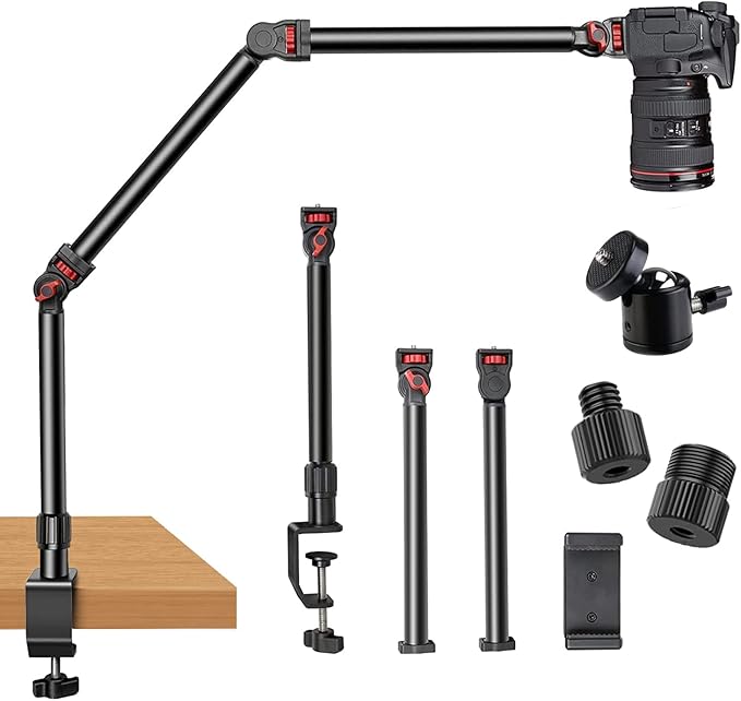 DImotliyor Overhead Camera Mount Desk Stand, 3-Section Flexible Detachable Articulating Arm with 1/4“ 3/8" 5/8" Screw&360° Ball Head, C-clamp Tabletop Mount for DSLR Camera/Webcam/Microphone/Lights