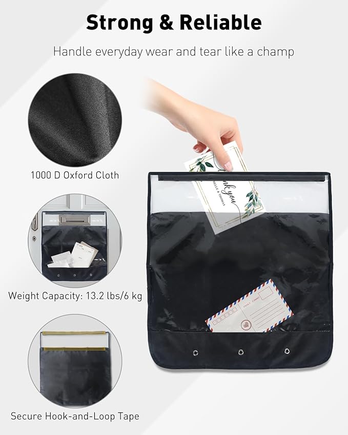 Uniclife Black Mail Slot Catcher for Door, 20.9"x 19.7" Large Capacity Letter Catcher Letterbox Catcher, Front Door Mail Catcher with Hook and Loop Fasteners, Indoor Post Catcher Bag