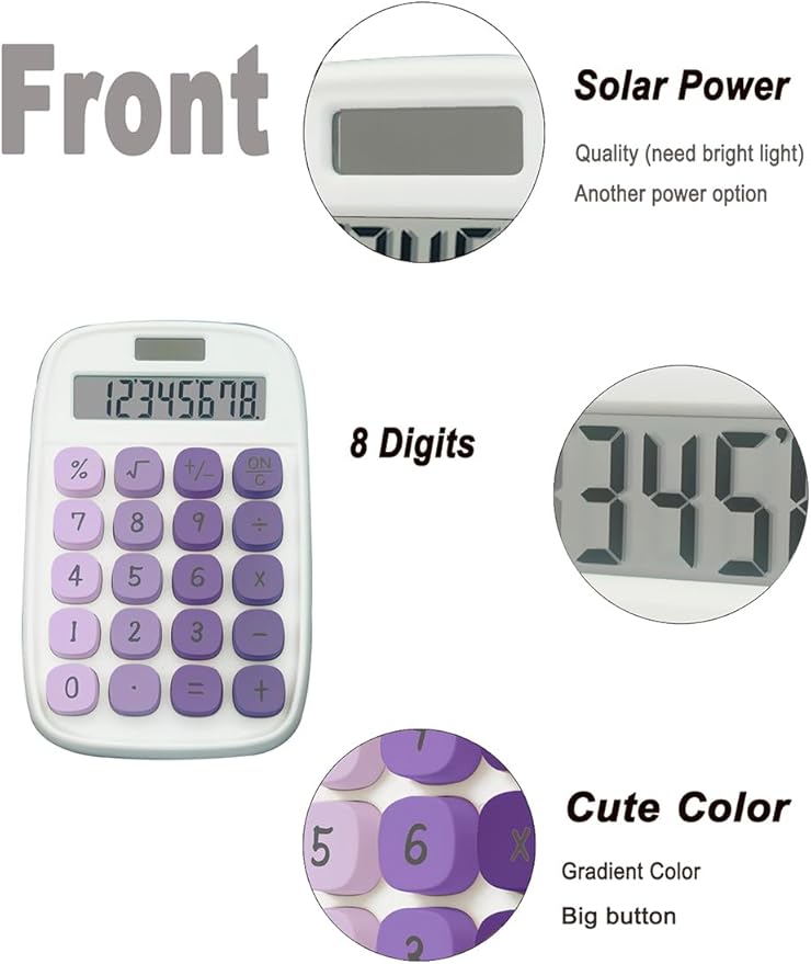 BTSEYAW Mechanical Calculator, Cute Calculator with Dual Power 8 Digit Tilt Screen and Big Button for Teachers Students Basic Office (White and Purple)