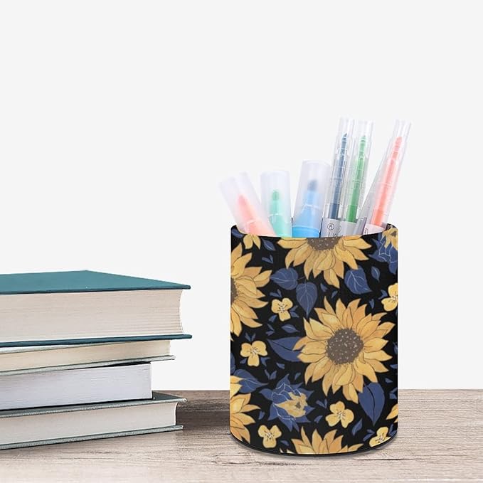 DIYYAO Personalize Sunflower Pattern Circular Pen Holder - Desk Pen Organizer Control Storage Box Makeup Brush Holder (E)