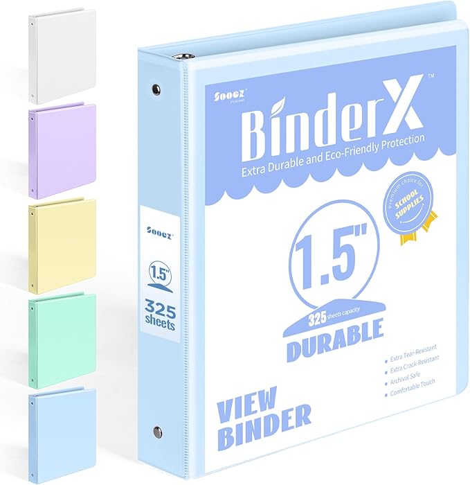 BinderX Extra Durable 1.5 Ring Binder, Round Ring 1.5 Inch Binders, Fits 325 Sheets of 8.5x11 Paper, Customizable View Cover with Inside Pockets, Cute 1.5" Binder, School Supplies for Girls, Blue