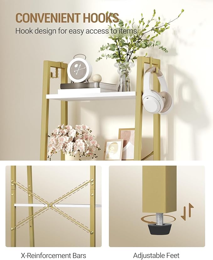 Hzuaneri Ladder Shelf, Bookshelf Bookcase, Freestanding Corner Storage Shelve with 2 Hooks for Home Office, Living Room, Kitchen, Bedroom, Industrial, 11.8" D x 17.3" W x 63" H, White Gold BC19213G