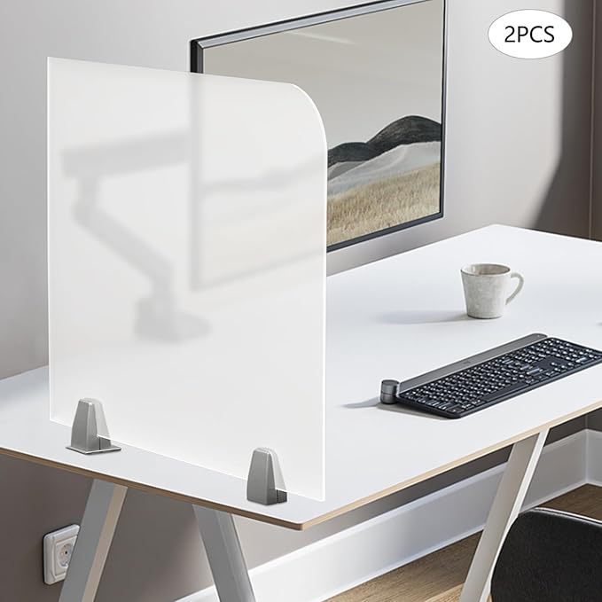 Desk Divider, 2 pcs Acrylic Desk Privacy Panels, Privacy Desk Screen, Frosted Acrylic Partitions with Clips Acrylic Table Top Sneeze Guard for Offices Schools (23"x18"x2")