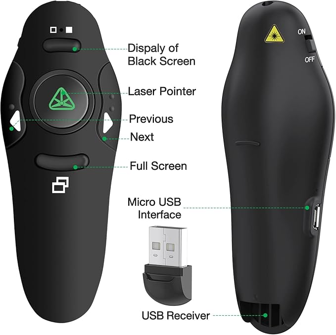 Rechargeable Presentation Clicker Wireless Presenter Remote USB Control Powerpoint PPT Clicker,Green Laser Pointer RF 2.4GHz Presenter Remote Google Slide Advancer for Computer/Laptop/Mac/Keynote