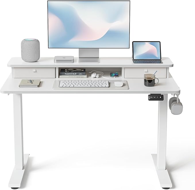 FEZIBO 40 x 24 Inch Height Adjustable Electric Standing Desk with Double Drawer, Stand up Home Office Computer Desk with 4 Height-Adjustable Feets & 2 Hooks, White