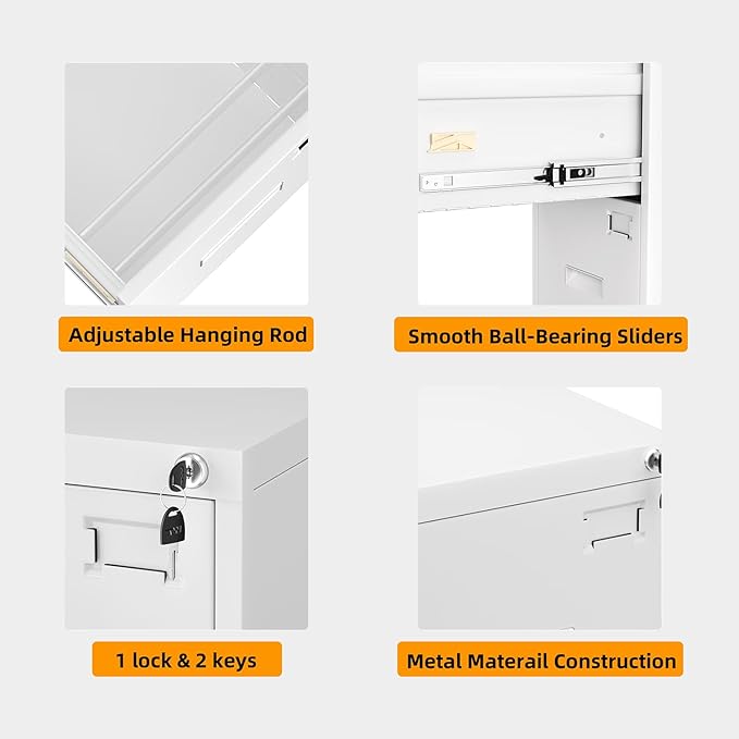 INTERGREAT 3 Drawer File Cabinet, White Metal Filing Cabinet with Lock, Locking Tall File Cabinets with 4 Adjustable Hanging Frame for Home Office, Name Tag