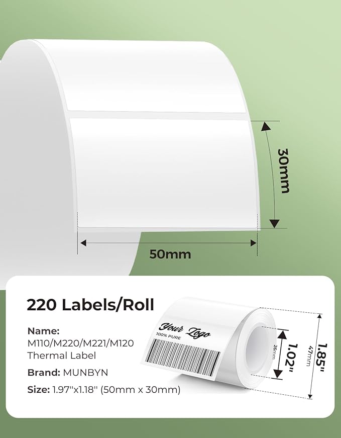 MUNBYN Thermal Sticker Labels, Self-Adhesive Barcode Label Paper for Direct Thermal Printer, Multi-Purpose Rectangle Address Shipping Mailing Stickers,1.97'' x 1.18'' (50mm x 30mm), White, 1 roll