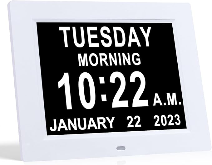 TMC 8 Inch Digital Dementia Clock for Seniors – Large Auto-Dimming Display with Date & Time, Multi-Language Calendar, 5 Alarms + Medicine Reminders – Wall or Desk Mount, Built-in Stand (White, SD)