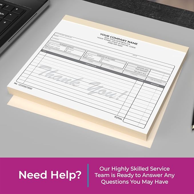 Custom 8.5" x 7" Carbonless NCR Books in 2-Part Duplicate Invoices, Receipts, Work Orders, Sales Orders, Purchase Orders, Estimates, Quote Forms with Your Company/Business Name (100 Sets)